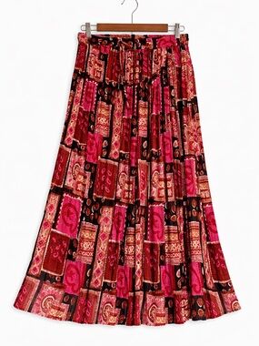 Boho Patchwork Print Maxi Skirt Elastic Waist Drawstring Pink Brown One Size OS